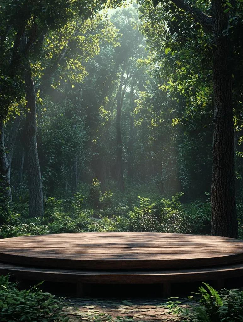 A circular wooden platform sits in the middle of a dense forest. Sunlight peeks through the leafy canopy, casting dappled light on the forest floor. The air is thick with the scent of pine and earth, and the scene is serene and inviting.  The platform appears to be a place of tranquility and escape.