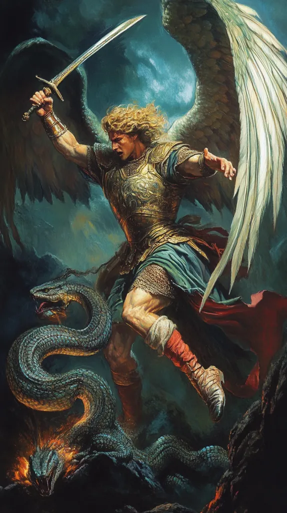 The image depicts an angel, with large, white feathered wings,  in the middle of combat. The angel, clad in golden armor, wields a sword and appears to be vanquishing a large serpent.  The image is painted in a dramatic style with strong lighting and a dynamic composition, capturing the intensity of the battle. The background is a dark, stormy sky, adding to the sense of tension.  The angel's face is determined and fierce, reflecting the struggle against evil.