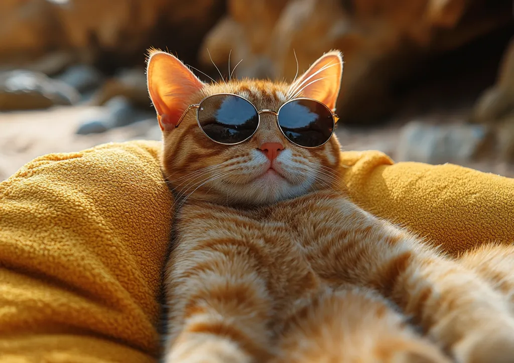 A ginger cat wearing round sunglasses lounges on a soft yellow pillow. The cat has its eyes closed and its paws outstretched. It looks very relaxed and content. The light is soft, and the cat's fur is smooth and shiny.
