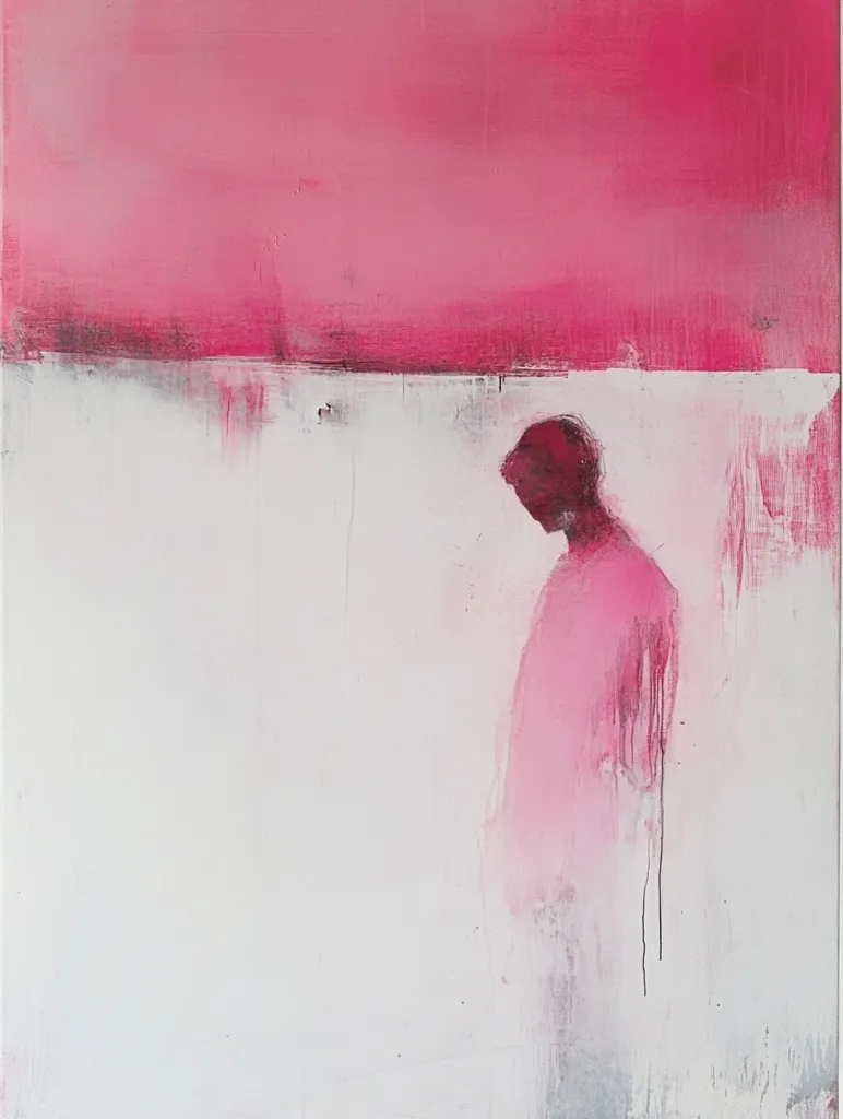 The abstract painting is dominated by a large, pale pink area at the top, which bleeds down into a white background. A faint outline of a human figure is visible in the lower right corner, also painted in pink. The figure is partially obscured by the white background, giving a sense of mystery and melancholy. The artwork uses a minimal palette and soft brushstrokes, creating a subtle and evocative atmosphere.