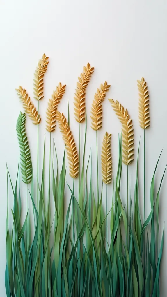 A cluster of intricately crafted paper wheat stalks stand tall in a field of green paper grass. The stalks are a light, golden brown, while the grass is a vibrant green.  The paper artwork is meticulously detailed, creating a realistic and elegant representation of a natural scene.