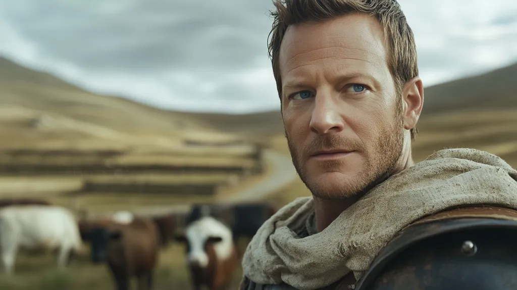 A man with short brown hair and a beard looks directly at the camera. He is wearing a tan scarf wrapped around his neck and a leather garment on his shoulder. He is standing in a field with cows in the background. The sky is cloudy.  The man's expression is serious, and he appears to be focused.