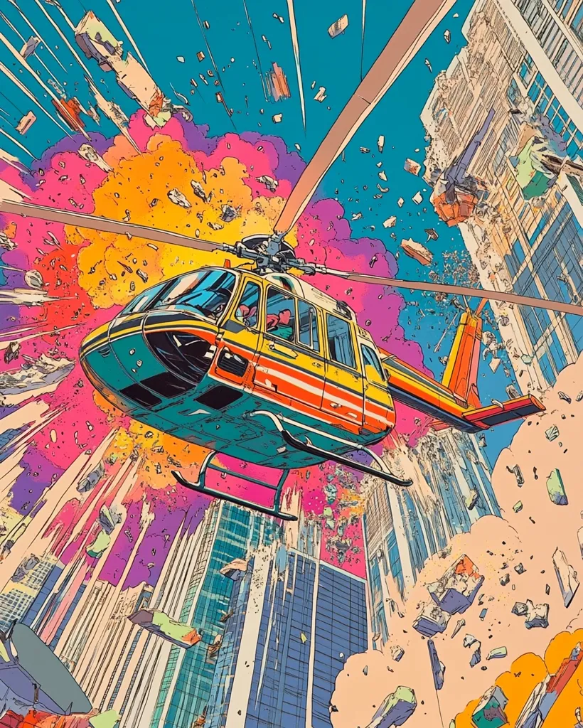 A helicopter flies through a brightly colored cityscape.  The sky is a vibrant blue and pink, and the city buildings are a mix of yellows, greens, and oranges.  Debris falls from the sky, creating a sense of chaos and destruction. The helicopter is a bright yellow and orange and has a distinct cartoon style. The artwork is full of energy and movement.  It suggests a futuristic setting.