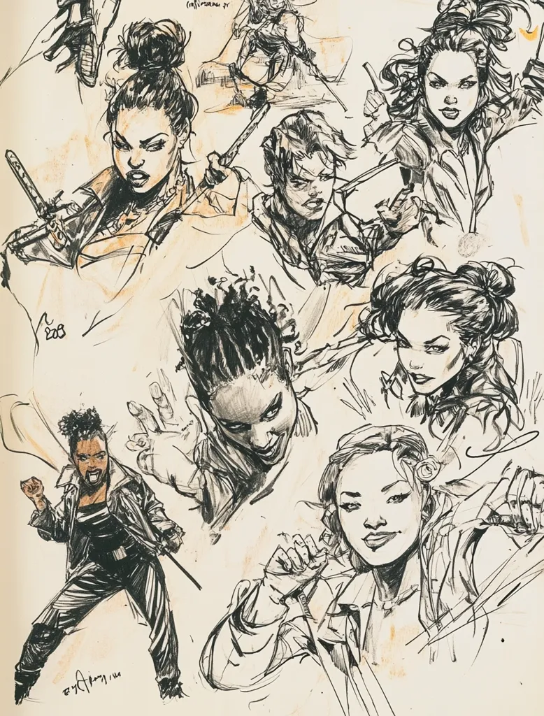 The image is a collection of sketches of women, some with weapons, others in various poses. They appear to be drawn in black ink on a cream-colored paper. The sketches are incomplete, with details missing or unfinished. The style is expressive and dynamic, capturing the energy of the subjects. The artist's signature can be seen in the lower right corner.