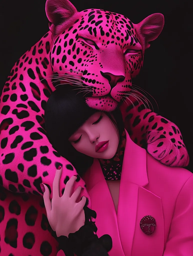 A woman in a bright pink suit is cuddling a pink leopard. The woman has dark hair and is wearing a black lace collar. The leopard has black spots and is sleeping with its eyes closed. The image is set against a dark background. The woman is gently stroking the leopard's fur.  The scene is visually striking and suggestive of a powerful and confident woman with a fierce companion.