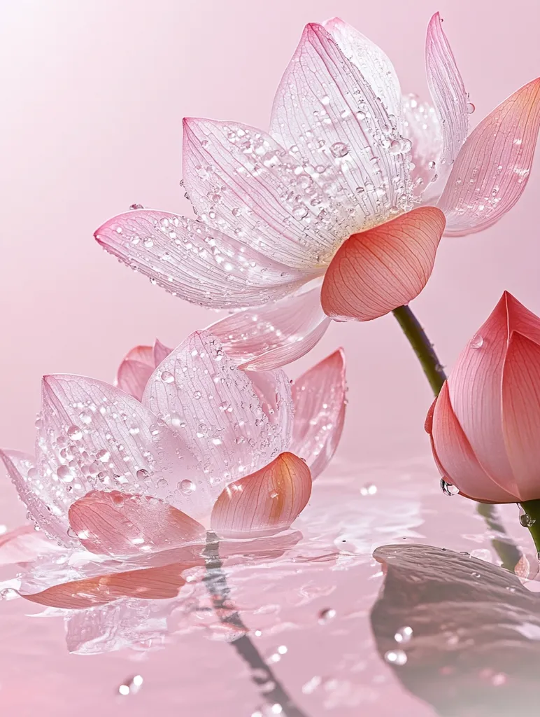 Two delicate pink lotus flowers, their petals glistening with water droplets, emerge from a soft, pink, watery surface. The delicate, almost translucent petals are highlighted by the light, creating a sense of ethereal beauty. The flowers are partially submerged in the water, their reflections mirroring their graceful forms. The background is a soft pink blur, enhancing the focus on the blossoms.