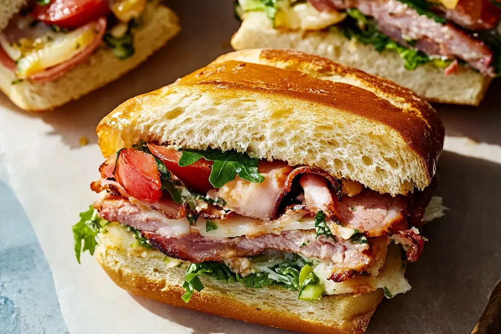 A close-up shot of a sandwich with layers of meat, tomato, and leafy greens on a soft bun. The sandwich is cut in half, revealing the delicious fillings. There is a second sandwich in the background, partially out of focus. The image is shot from a low angle, emphasizing the height and detail of the sandwich.  The light is natural and bright, highlighting the colors of the food.