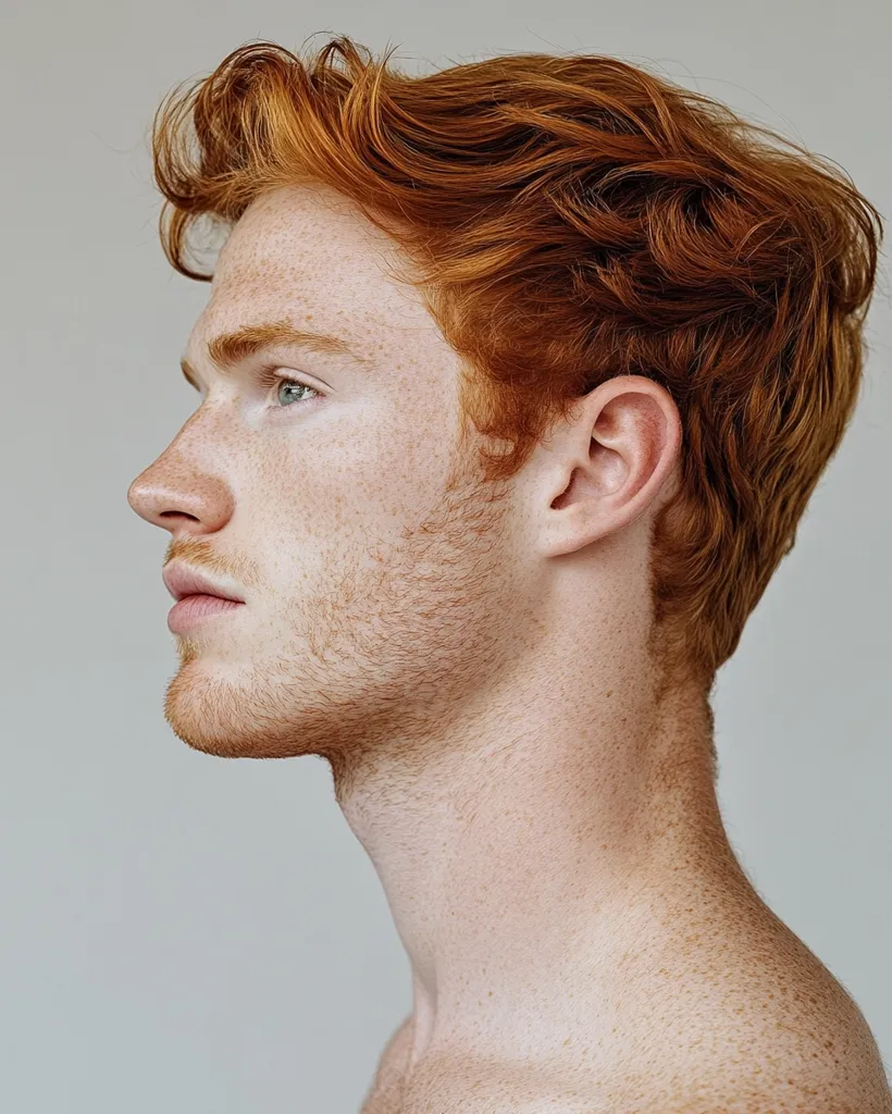 The image shows a young man with red hair and freckles. His hair is styled in a messy, wavy way and falls over his forehead. He is looking to the side with a serious expression, and his lips are slightly parted. The lighting is soft and natural, and the background is a simple, light gray.  The overall feeling of the image is one of  youthful  and  raw  beauty.