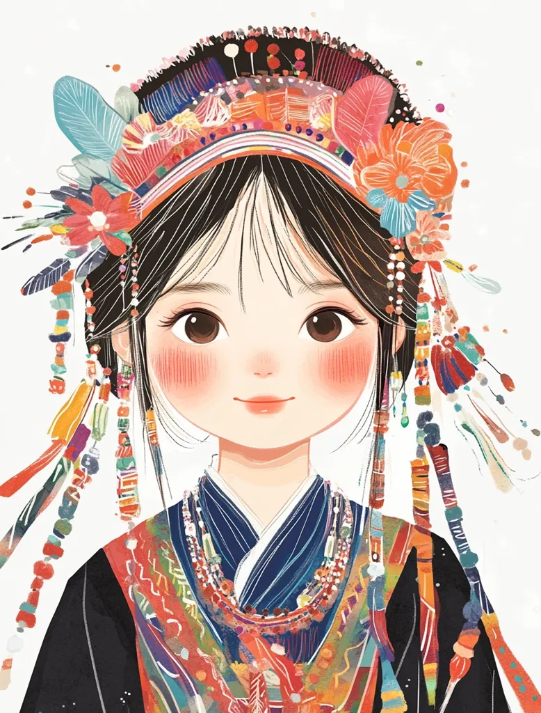 The image depicts a young girl with large brown eyes and a sweet smile. She wears a traditional costume adorned with vibrant colors and intricate patterns. A colorful headdress with feathers and flowers sits atop her dark hair, adding to her charming appearance. The illustration uses a soft and whimsical style, capturing the beauty and grace of the subject.