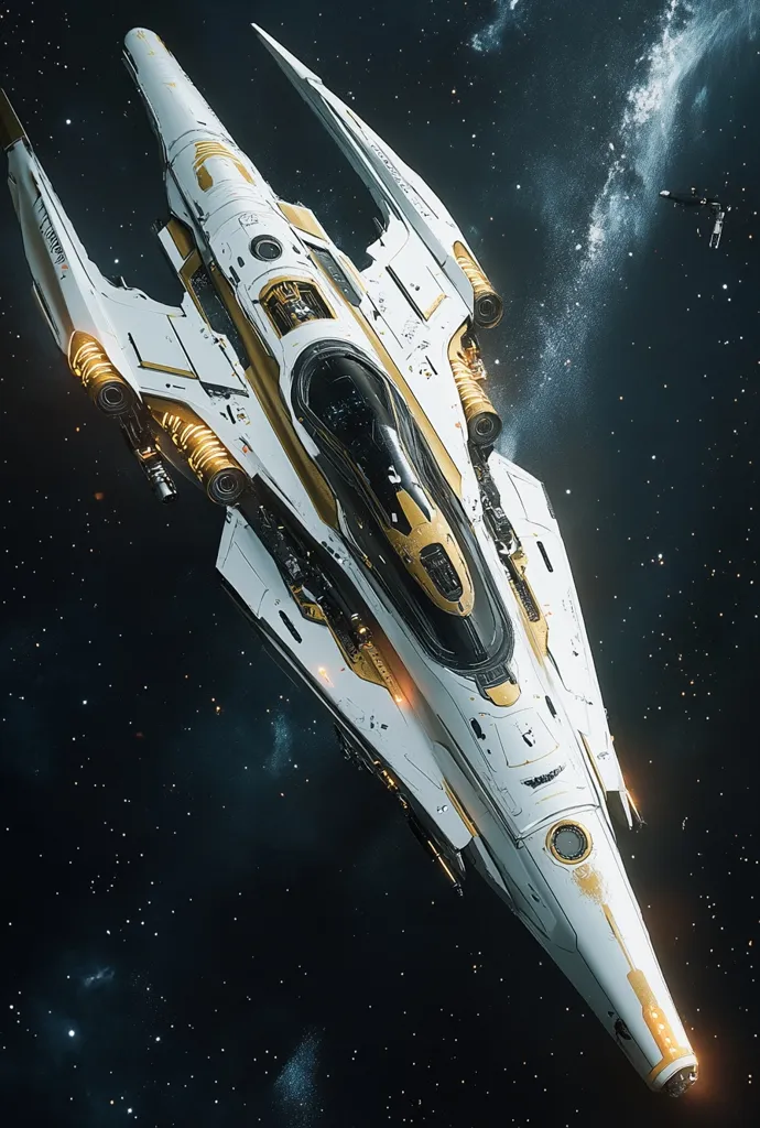 A sleek, futuristic spaceship, predominantly white with gold accents, flies through a starry expanse. Its elongated, aerodynamic design suggests speed and agility. The vessel features a prominent cockpit with a black canopy, and its wings extend outwards, creating a dramatic silhouette.  The ship is highlighted against a backdrop of countless stars and a distant nebula, emphasizing its isolation and the vastness of space.