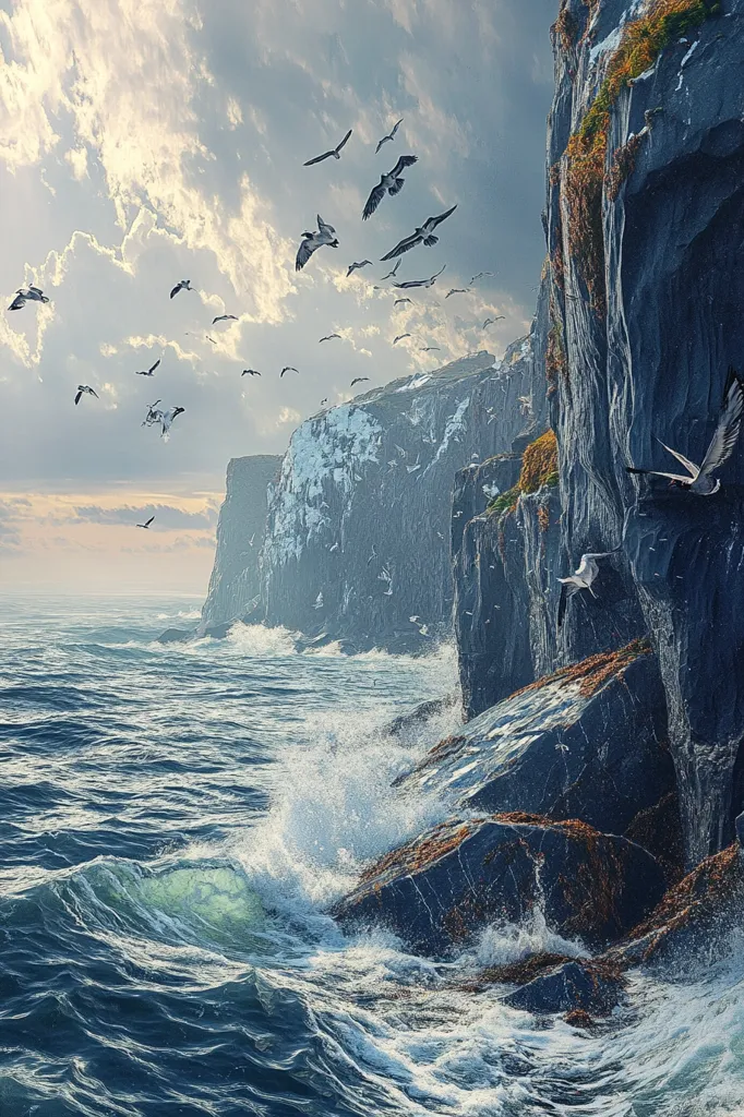 A rocky cliff juts out into a churning sea, with waves crashing against its base. A flock of birds fly overhead against a backdrop of cloudy skies, their wings catching the light of a setting sun. The scene is both dramatic and serene, showcasing the raw power of nature.