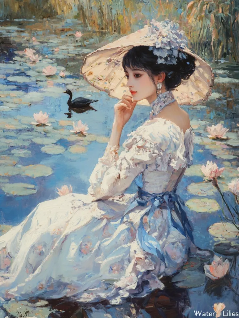 A young woman in a white dress and a large sun hat sits on the edge of a pond, her gaze focused on the water. Her blue ribbon sash adds a touch of color to the scene. Lush lily pads dot the water's surface, and a small black duck swims by in the distance. Sunlight bathes the scene in a warm, golden light.  The painting is a study in contrasts: the woman's delicate features against the rough texture of the pond's edge, the softness of her dress against the starkness of the lily pads. It is a depiction of serene beauty and the gentle, introspective nature of the human spirit.