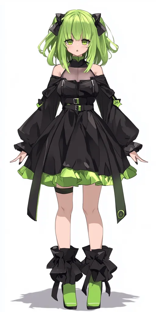 The image depicts a young woman with bright green hair, styled in two pigtails with black ribbons. She wears a black off-the-shoulder dress with a green ruffle trim, accented with a black belt and buckles. The dress has puffy sleeves and a flowing skirt. She also wears black garters and boots with large black bows, and the boots have green accents. The background is white, highlighting the character.
