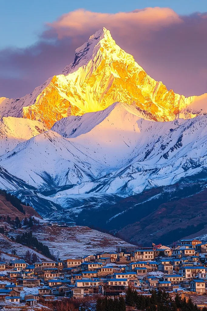A majestic snow-capped mountain peak, bathed in the golden glow of sunrise, dominates the landscape. Its slopes are a tapestry of white and blue, contrasting with the lush green valley below.  A small village nestled at the mountain's base, houses huddled together, offering a sense of peace and serenity in the face of nature's grandeur. The image captures a breathtaking moment of tranquility and beauty.