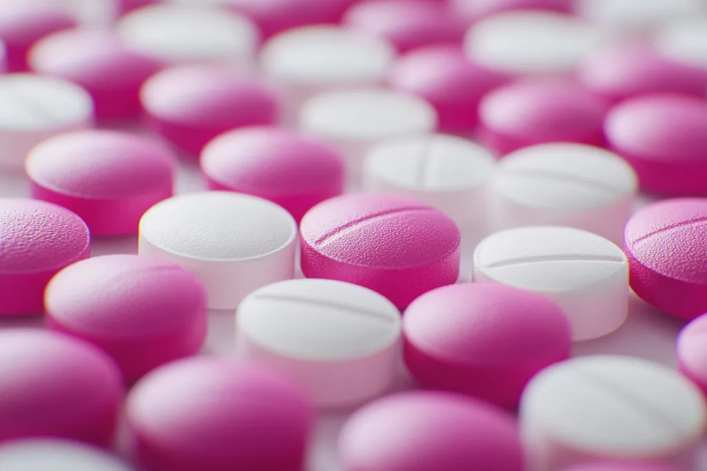 The image shows a close-up of a large quantity of pink and white pills. The pills are arranged in a semi-circular pattern, with the pink pills being in the foreground and the white pills being in the background. The pills are round and have a smooth surface. The image is focused on the pills in the foreground, creating a shallow depth of field. The image is likely taken in a laboratory or a pharmacy.