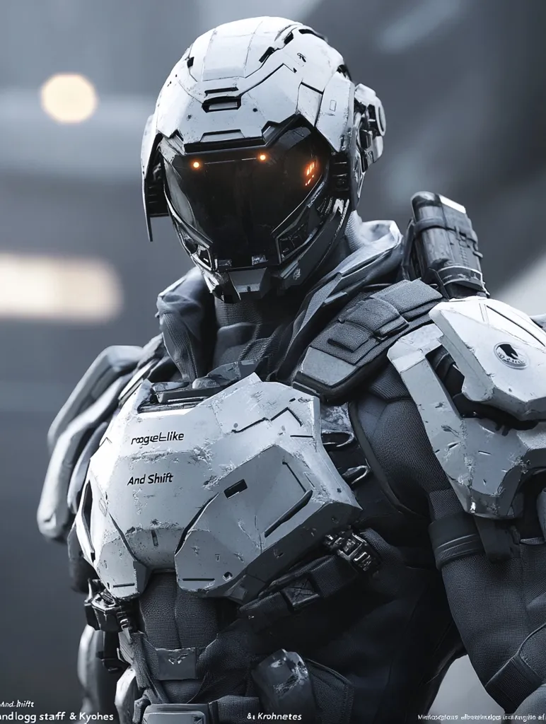 The image shows a futuristic soldier wearing a white and grey armored suit with a helmet that has a dark visor and glowing orange eyes. The soldier is standing in a dark, industrial setting, and the image has a gritty, cyberpunk aesthetic. The words "rogue-like" and "And Shift" are written on the armor, possibly indicating the game or setting. The soldier's face is obscured by the helmet, creating a sense of mystery. The image evokes a sense of power, danger, and technological advancement.