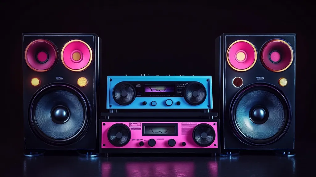 A vintage-style stereo system with two large black speakers and two smaller colorful receivers. The speakers have round tweeters and large woofers. The top receiver is blue and the bottom is pink. The black background highlights the vibrant colors of the system.