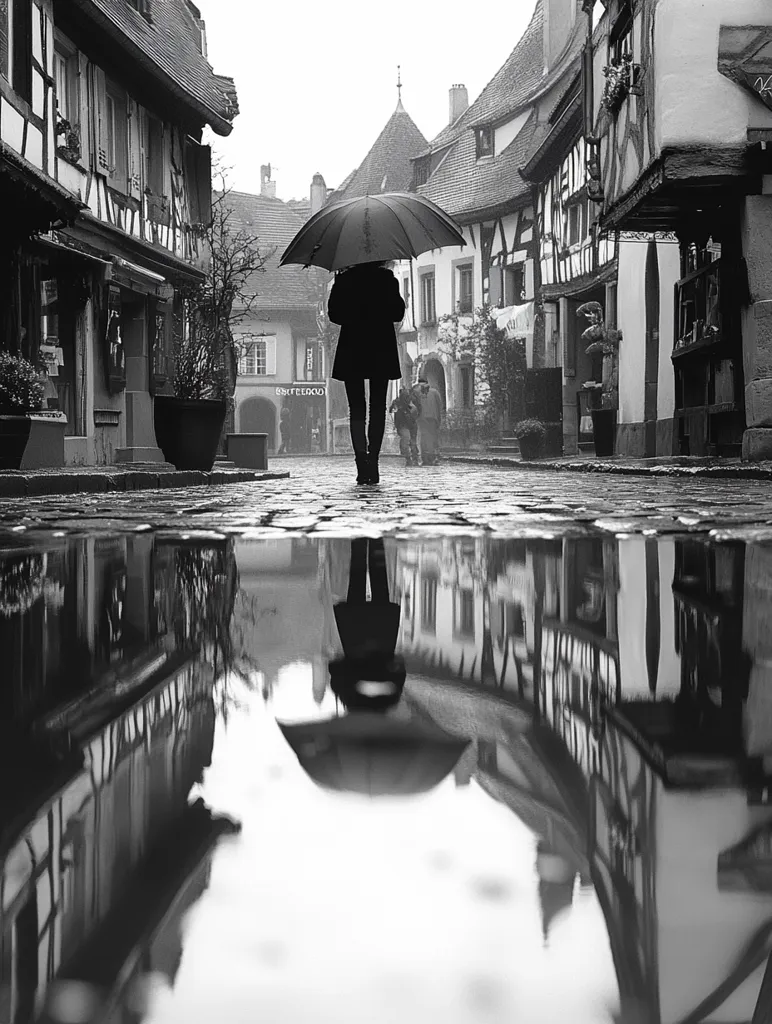 A solitary figure walks down a cobblestone street in a European town, holding an umbrella over their head. The street is wet from rain, reflecting the surrounding buildings and the overcast sky. The image is captured in a black and white format, enhancing the sense of solitude and melancholy.  The composition focuses on the reflection of the figure and their umbrella in a puddle, creating a mirrored effect.  The old, half-timbered buildings, and the overall atmosphere evoke a sense of quietude and nostalgia.