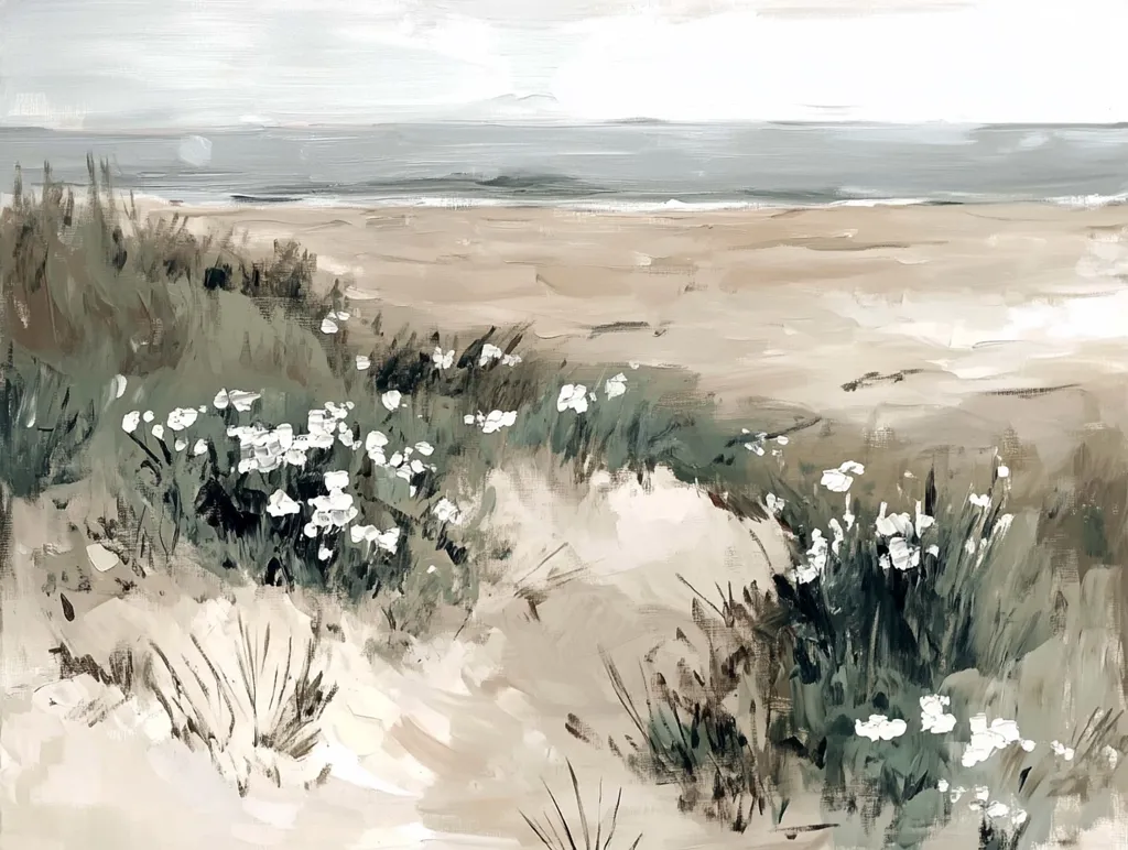 The painting depicts a seascape with a sandy beach in the foreground, a calm, gray ocean in the distance, and a cluster of white wildflowers blooming in the dunes. The painting has a muted color palette with soft, brushstrokes, creating a serene and tranquil atmosphere.