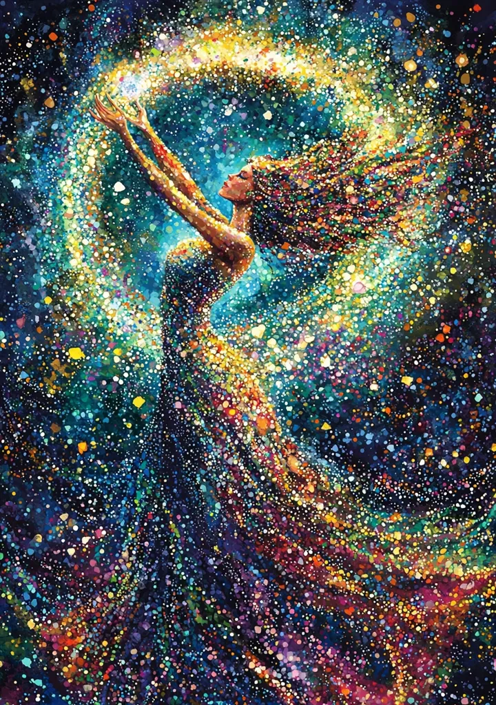 A woman in a flowing gown reaches towards a glowing orb of light. Her long hair streams behind her, blending into a swirling vortex of colorful dots that resemble a starry night sky. The artwork uses a pointillist style, creating a mesmerizing and ethereal atmosphere.  The woman's expression is one of wonder and awe, suggesting a moment of spiritual connection.