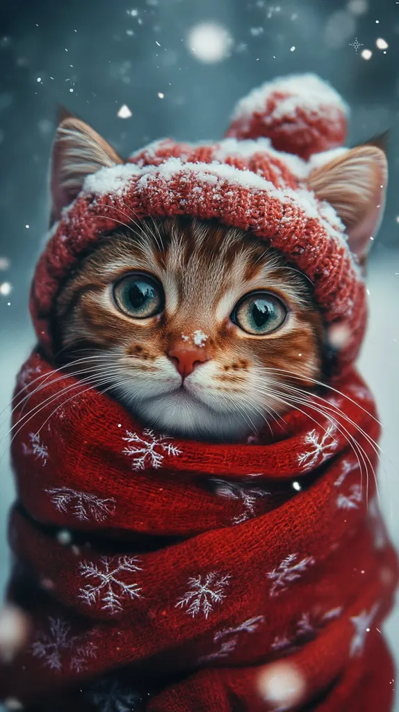 A cat is wearing a red knitted hat and scarf with white snowflakes. The cat has brown fur and green eyes. The background is a blurred winter scene with falling snow. The cat looks directly at the camera with a serious expression.