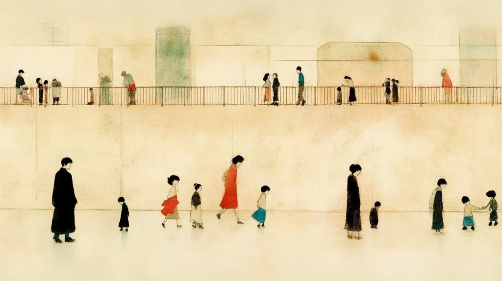 The image depicts a group of people walking on a pale yellow street. The people are all dressed in simple, muted colors. The buildings in the background are also painted in muted tones. There is a sense of quietness and stillness in the image. The people are walking in different directions.  The overall tone of the image is one of tranquility and peace.