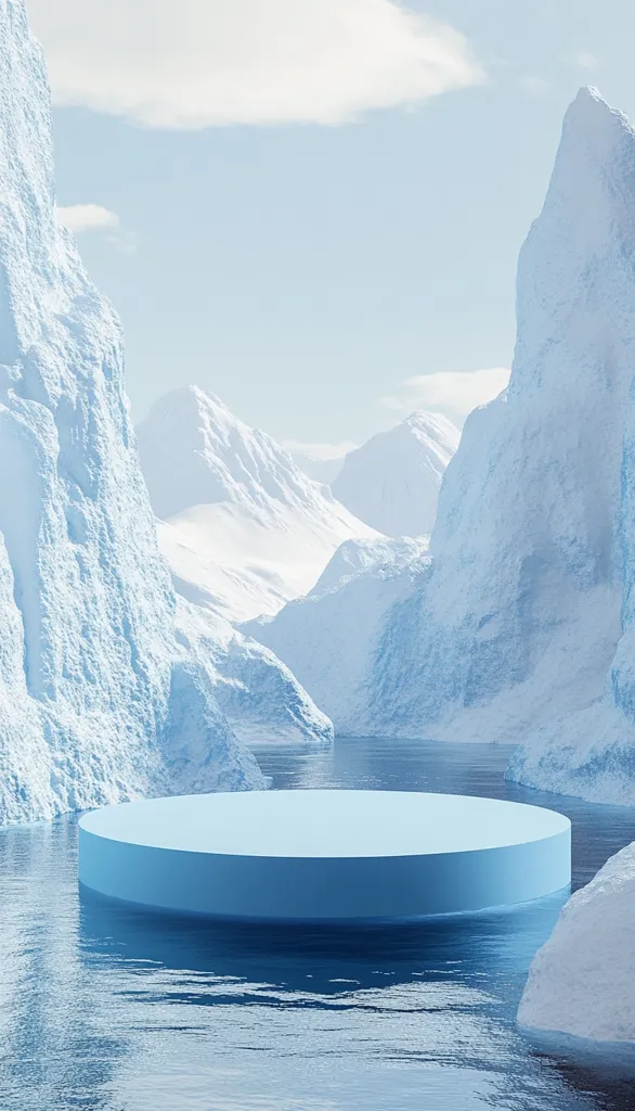 A circular platform made of ice sits in the middle of a frozen arctic landscape. The platform is surrounded by icy mountains and a calm, reflective body of water. The scene is dominated by shades of blue and white, creating a serene and ethereal atmosphere. The image evokes a sense of tranquility and isolation.