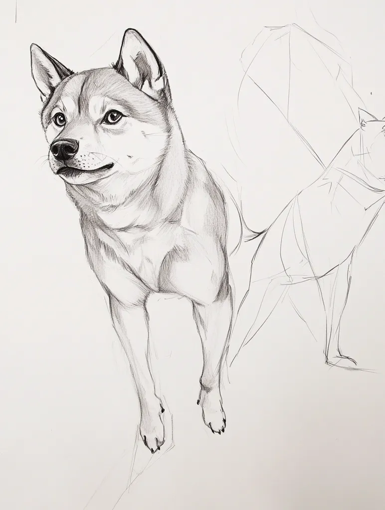 The image shows a pencil drawing of a Shiba Inu dog. The dog is facing the left side of the image, with its head tilted up, and its ears perked up. The drawing is detailed, with shading used to create depth and texture. The dog's fur appears soft and fluffy. The drawing is on a white background, with faint outlines of another dog in the background.  The overall image is one of a graceful and intelligent dog.