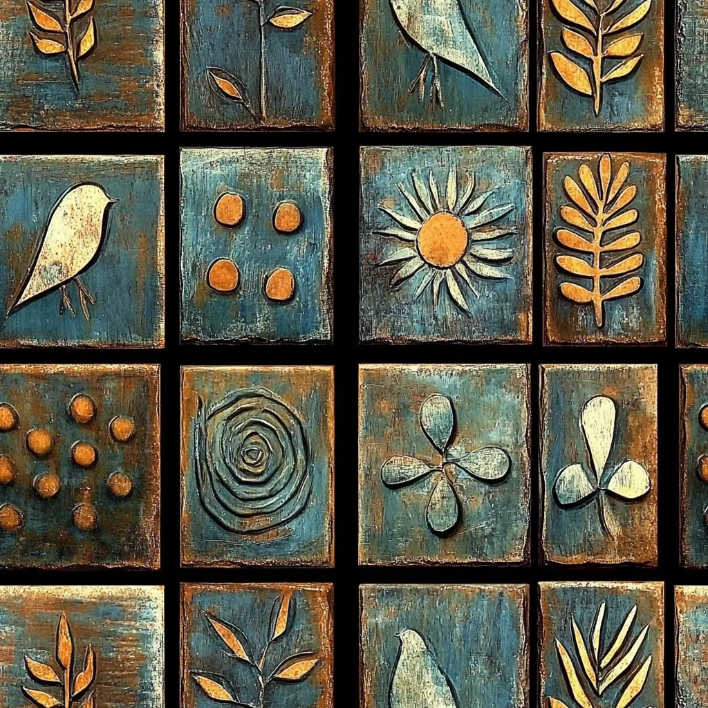 A grid of 16 square tiles, each featuring a unique, simplistic design. The designs range from natural elements like birds, flowers, and leaves to geometric patterns. The tiles are painted in a muted blue-green color with gold accents, giving a rustic and vintage feel. The texture of the tiles is uneven, suggesting they are made of clay or wood.