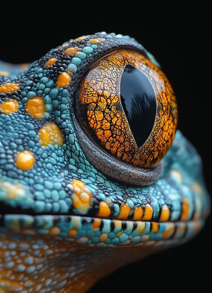 A close-up shot of a vibrant green and yellow frog's eye. The eye is large and prominent, with a black pupil and an orange iris with intricate patterns. The frog's skin is textured with small, blue and yellow scales, creating a striking contrast against the eye. The image captures the beauty and detail of nature, highlighting the intricate design of a frog's anatomy.