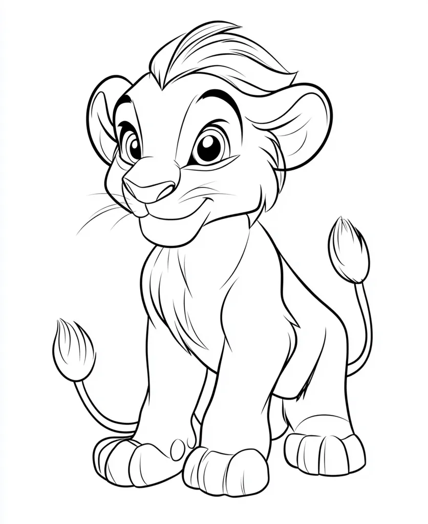 The image is a line drawing of a cartoon lion cub. It is sitting on its hind legs with its tail curled around its body. The cub has a large head with big eyes, a wide smile, and a mane. The drawing is simple and playful, suitable for coloring.