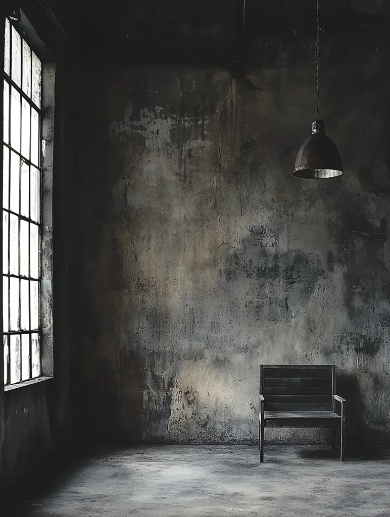 The image shows a dark, empty room with a single window letting in some light. The room is mostly bare except for a wooden chair in the center and a hanging light fixture in the ceiling. The walls are a dull gray and appear to be made of concrete. The atmosphere is quiet and somber.
