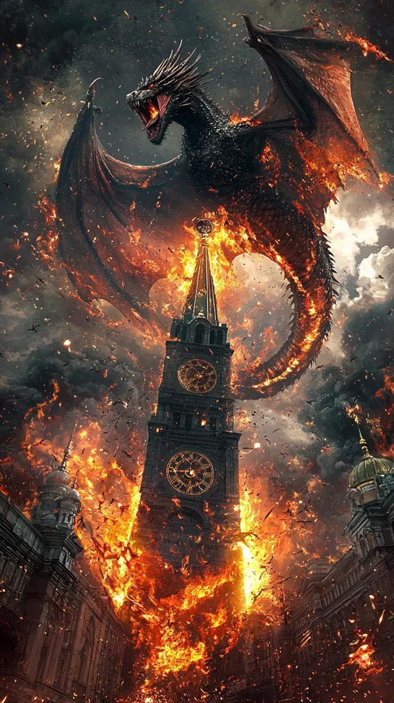 A fiery dragon, with wings spread wide, soars above a city engulfed in flames. The dragon's tail wraps around a tall clock tower, its fiery breath illuminating the scene. The city is ablaze, buildings reduced to rubble, and the sky is filled with smoke and ash. The dragon's menacing expression and the apocalyptic scene depict a moment of chaos and destruction.