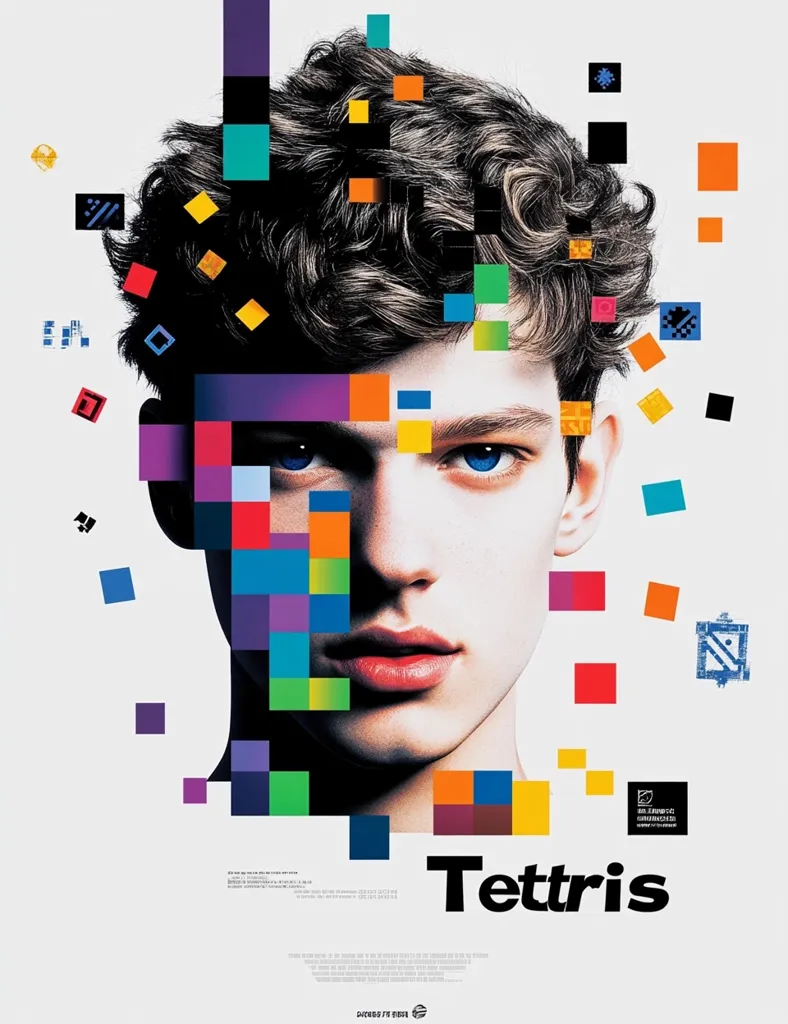 A poster for the film "Tetris" featuring a young man's face partially obscured by colorful pixelated squares. The design evokes the classic video game, with the squares mimicking falling blocks. The man's blue eyes and lips are visible, adding a human touch to the digitalized image.  The poster is set against a white background, creating a striking contrast with the bright colors of the pixelation.  The word "Tetris" is displayed in bold, black lettering at the bottom of the poster.  The design is simple and eye-catching, effectively capturing the essence of the iconic game.