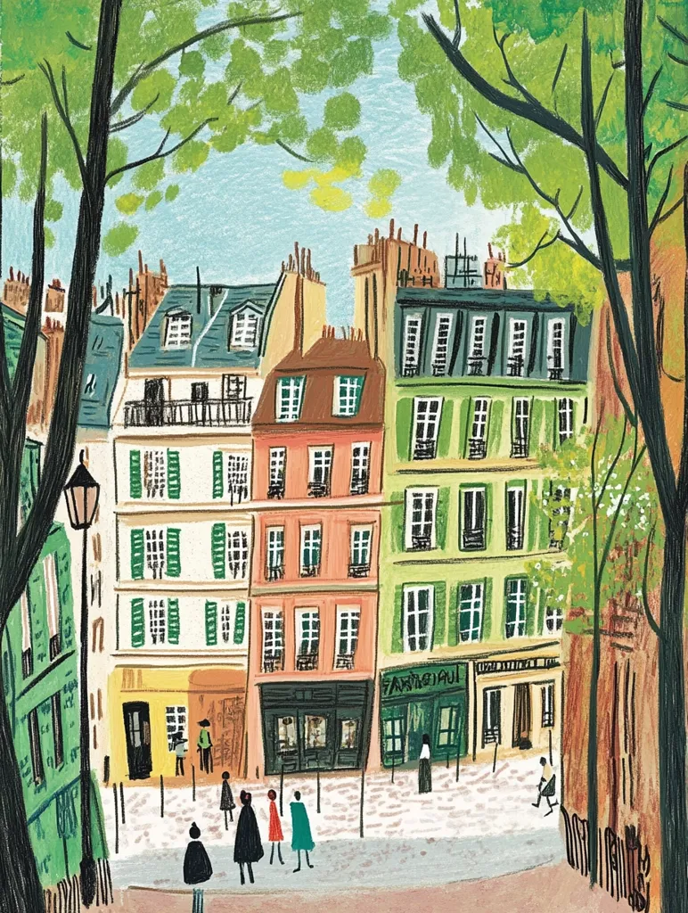 A whimsical illustration depicts a Parisian street scene. Colorful buildings with green shutters line the cobblestone street, framed by lush green trees. The scene is bustling with life, with a few figures strolling along the sidewalk, and a shop with a sign that reads "Farine Paul." The illustration evokes a sense of charm and tranquility.