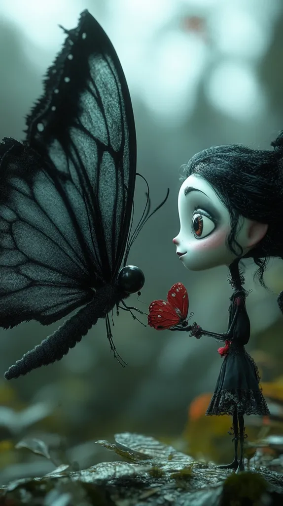 A dark-haired doll with large eyes and a black dress is standing on a mossy log in a forest. She holds a red butterfly in her hand and looks at a large, black butterfly perched on a leaf in front of her. The forest is shrouded in mist and the overall mood is whimsical and slightly eerie.