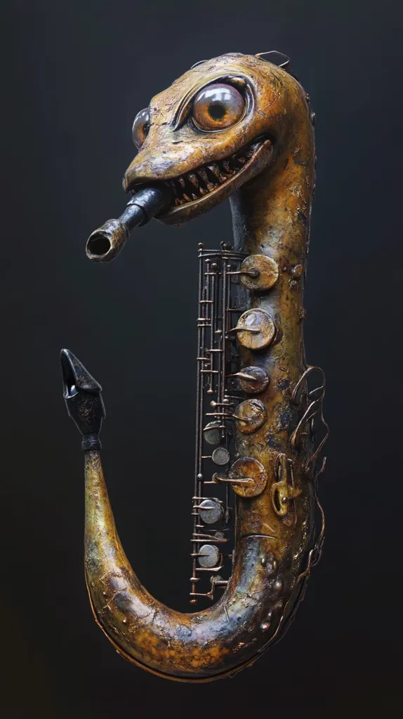 A saxophone is shaped like a grotesque, reptilian creature. Its head has large, staring eyes, a gaping mouth full of teeth, and a long, thin snout that forms the mouthpiece. The saxophone is made of a metallic, aged material, with a rough, textured surface. It is set against a black background, highlighting its unique and somewhat unsettling design.