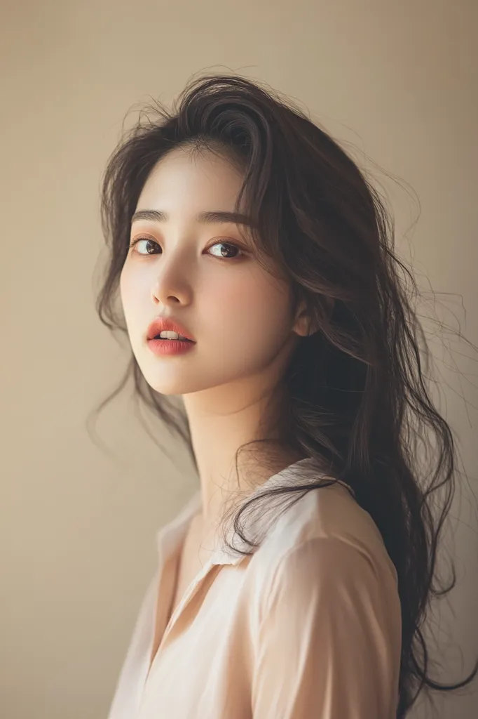 A young woman with long, dark hair looks over her shoulder with a soft, wistful expression. She wears a light beige blouse and her hair is slightly tousled. The background is a simple, muted beige, creating a soft and intimate mood. The image evokes a sense of calm and femininity.