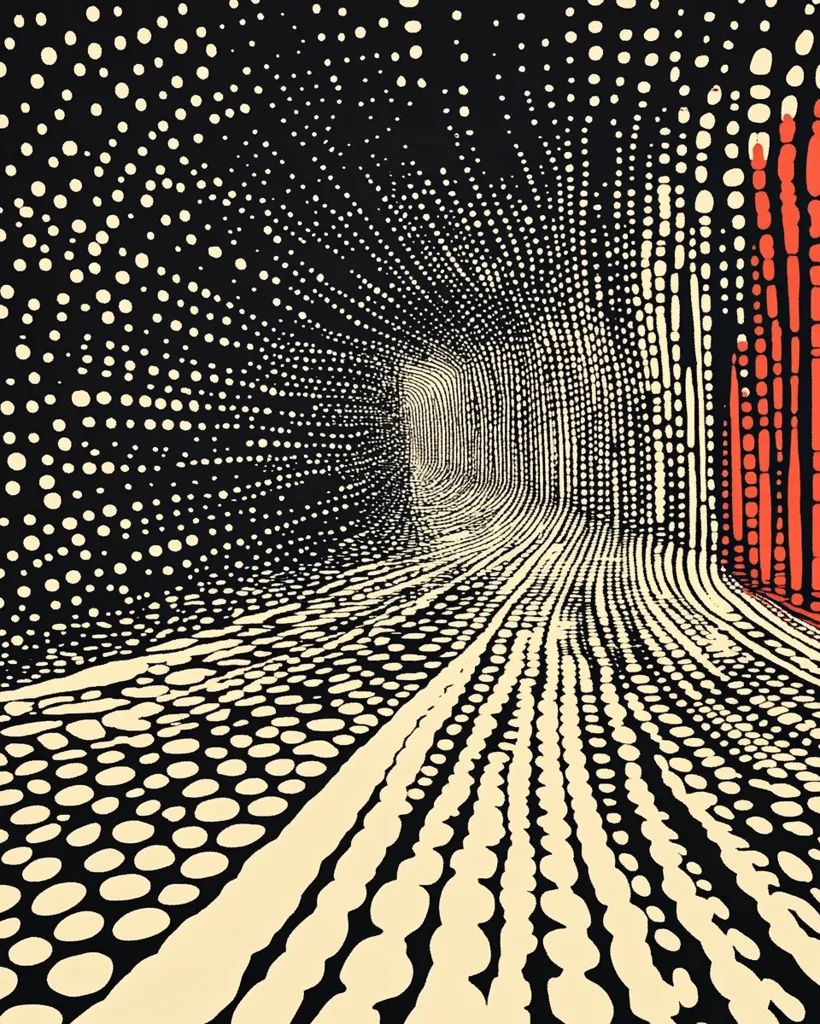 The image is an abstract design, made up of black and white dots that create a sense of depth and perspective. The dots are arranged in lines that curve and converge in the center of the image, forming a tunnel-like shape. A red-orange color accents the image on the right side, adding a pop of color and a slight feeling of warmth.  The image creates a mesmerizing, optical illusion effect.