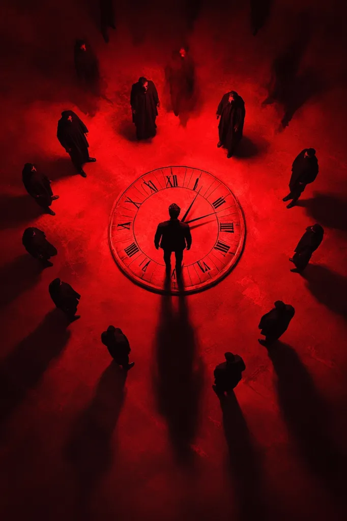 A clock face with Roman numerals is positioned in the center of a red floor. A person stands in front of the clock, surrounded by a circle of shadowy figures. The red lighting casts long shadows on the floor, creating a dramatic and ominous atmosphere.