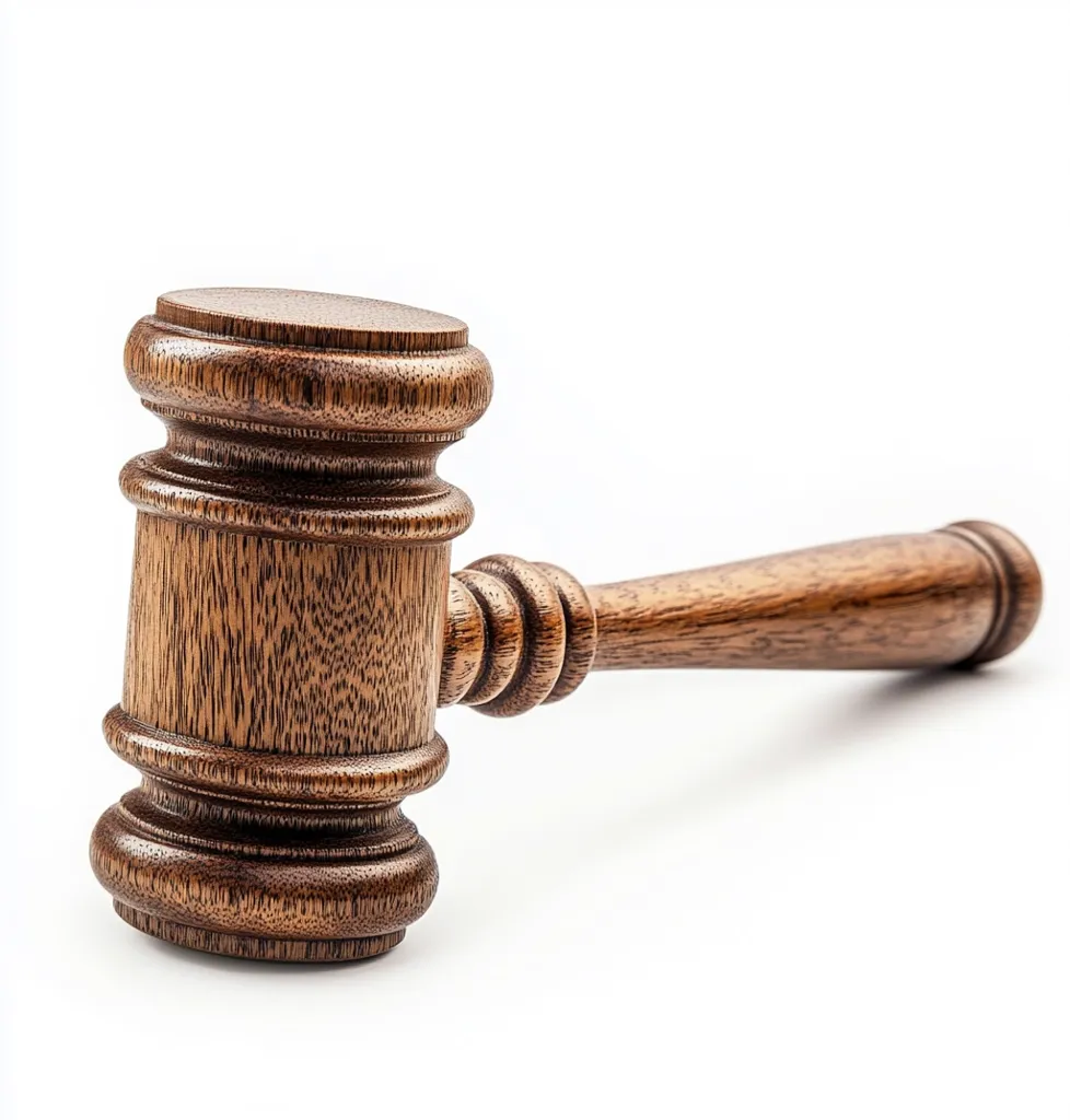 The image shows a wooden gavel, a symbol of authority and finality. It lies on a white surface, its brown wood grain visible. The gavel's head features a distinctive circular shape with raised rings, while the handle is cylindrical with a smooth finish. The image captures a sense of formality and the weight of a decision.