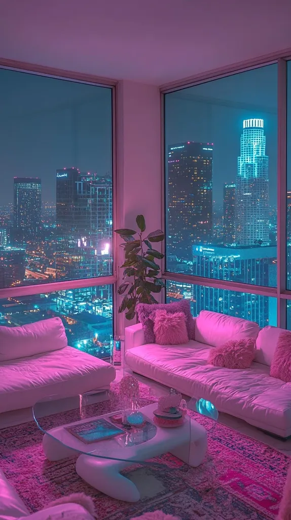 The image shows a living room with a stunning view of a city skyline at night. The room is bathed in pink light, highlighting the white couches, fluffy pillows, and glass coffee table. The city lights twinkle in the distance, creating a vibrant contrast against the dark sky.  A green plant adds a touch of nature to the modern space.