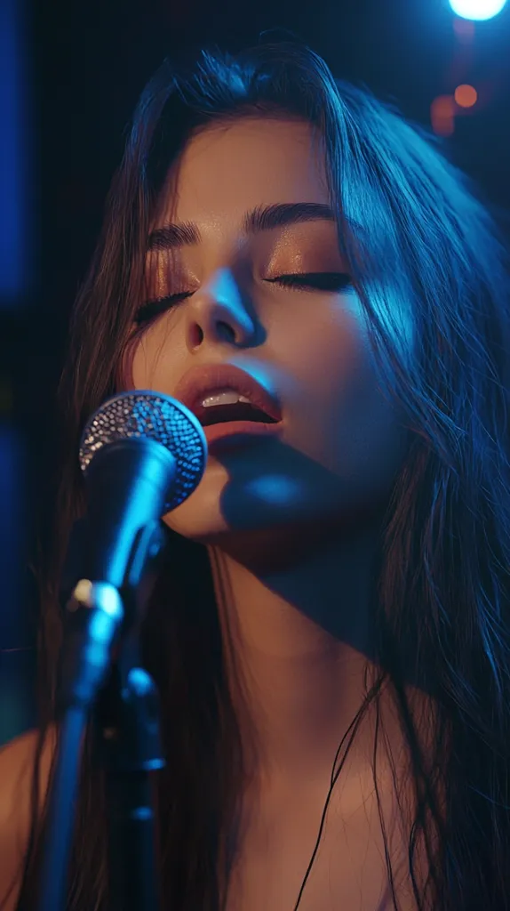 A young woman with long dark hair sings into a microphone. She is lit by blue and orange stage lights. Her eyes are closed and she is focused on her performance. The image is close up and intimate, capturing the raw emotion of the singer.  The microphone is in the foreground and out of focus, suggesting that the focus is on the singer's expression.