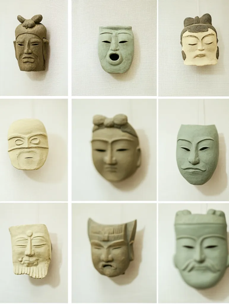 Nine traditional Asian masks are displayed on a white wall. The masks are made of clay and have various expressions, some with exaggerated features. They are arranged in a grid pattern, each in its own square. The masks are all in neutral colors, suggesting a historical context. The background is plain and provides a neutral backdrop for the masks.