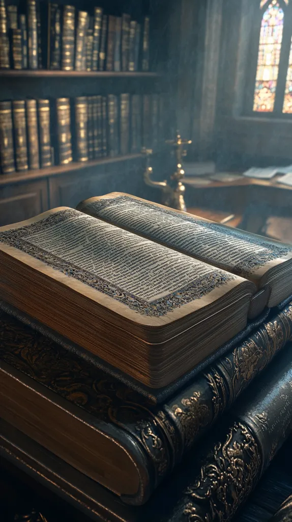 An open, antique book lies on a table, its pages filled with intricate script and gilded edges.  It rests on a stack of other bound volumes, their dark leather covers adorned with ornate gold designs. In the background, a bookshelf overflows with leather-bound books, and a stained glass window glows in the soft light. The scene evokes a sense of history, knowledge, and the beauty of craftsmanship.