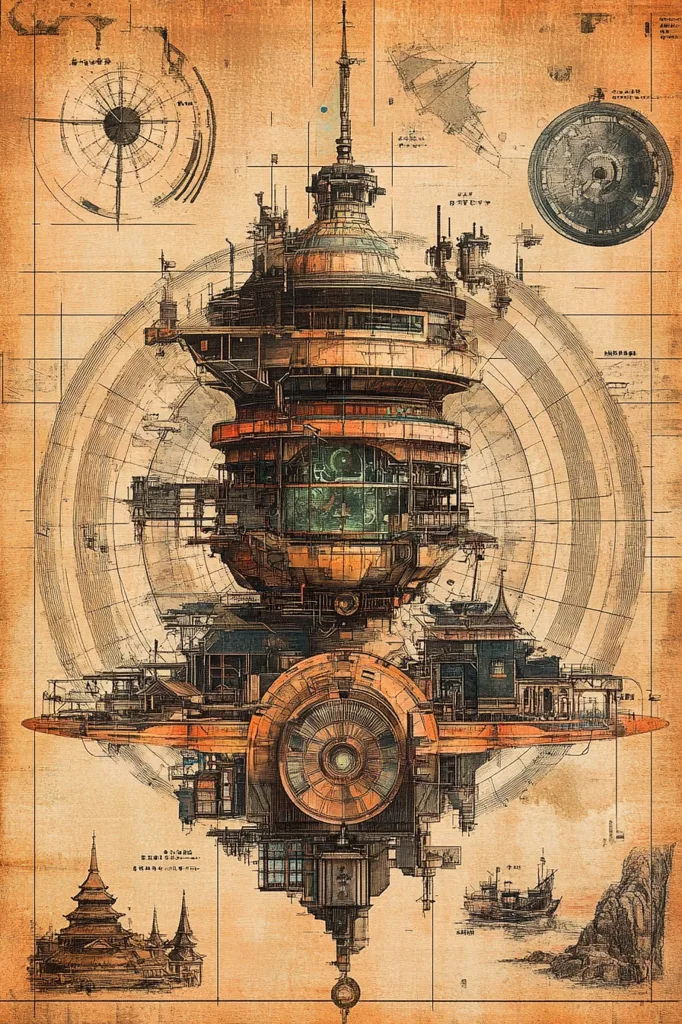 The image is a detailed, intricate drawing of a steampunk airship. It appears to be a blueprint or technical diagram of the ship, with various gears, pipes, and other mechanical components visible.  The ship has multiple levels and a large, circular structure at its base. It is set against a backdrop of a faded, parchment-like background with grid lines, compass roses, and other technical markings, creating a sense of age and historical importance. The ship appears to be floating above a coastal scene with a small boat and a rocky cliff.