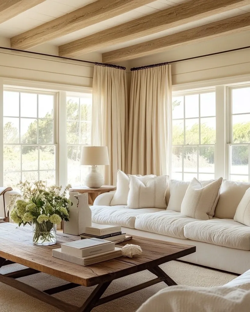 The image shows a modern living room with a large, white couch and a rustic wooden coffee table. The room features a beige color scheme, with large windows providing natural light. The couch has several plush pillows and the coffee table is adorned with books and a decorative seashell. The room also has white curtains and exposed wooden beams in the ceiling. The overall aesthetic is both minimalist and inviting.