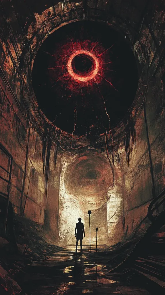 A single figure stands in a dark, dilapidated corridor, silhouetted against a glowing red ring at the top of the structure. The corridor is filled with debris and the walls are cracked and crumbling.  The red ring is ominous and suggests danger, while the figure's silhouette suggests a sense of isolation and uncertainty. The overall atmosphere of the image is one of foreboding and mystery.