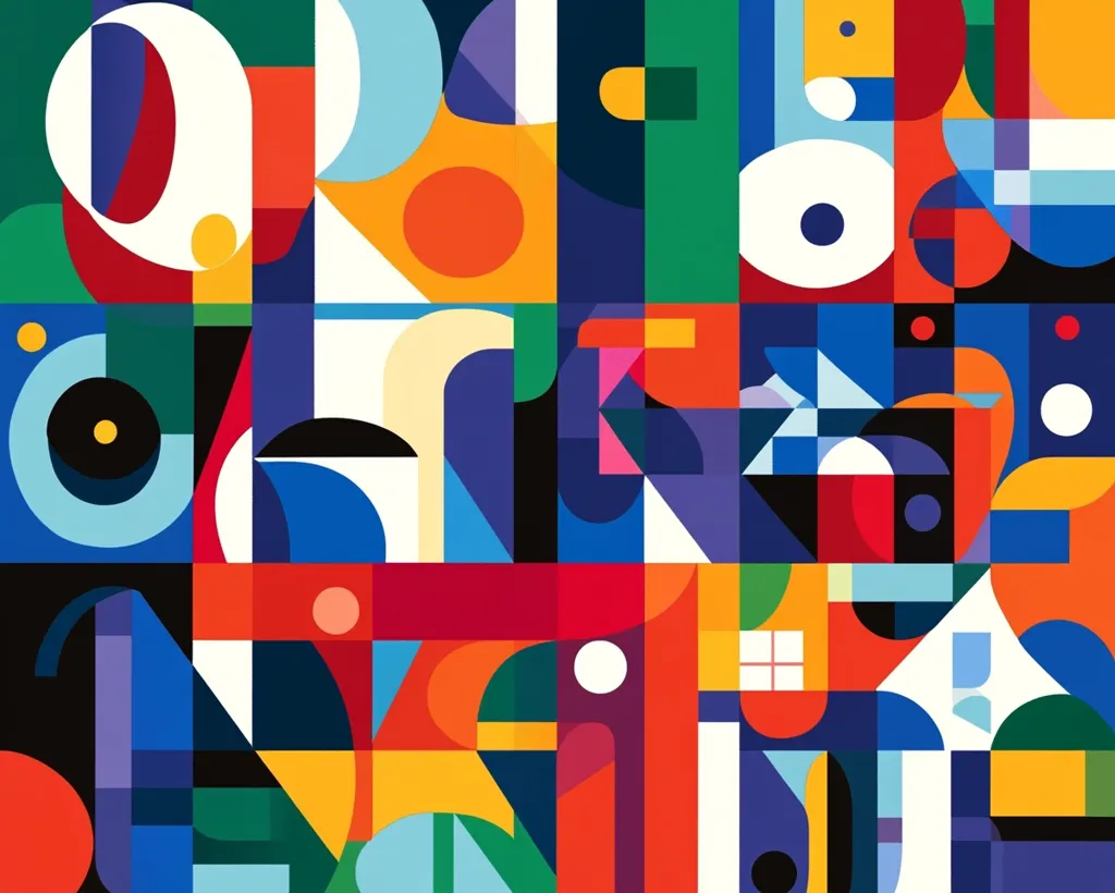 The image is a colorful abstract geometric design. It is composed of squares, circles, triangles, and rectangles in a variety of bright colors, including red, yellow, blue, green, and orange. The shapes overlap and intersect, creating a sense of depth and movement. The image is visually stimulating and energetic.