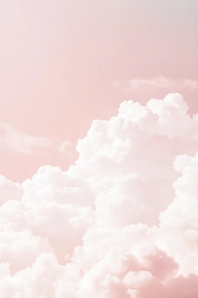 A soft, pink sky is filled with fluffy white clouds. The image is a dreamy and ethereal scene, with a gentle and calming atmosphere. The clouds are layered and textured, creating a sense of depth and dimension. The pink hue adds a touch of warmth and romance to the scene.